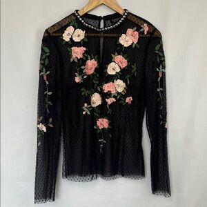 Topshop Floral Embroidered Black Lace Top with Beaded Neckline - Size 10